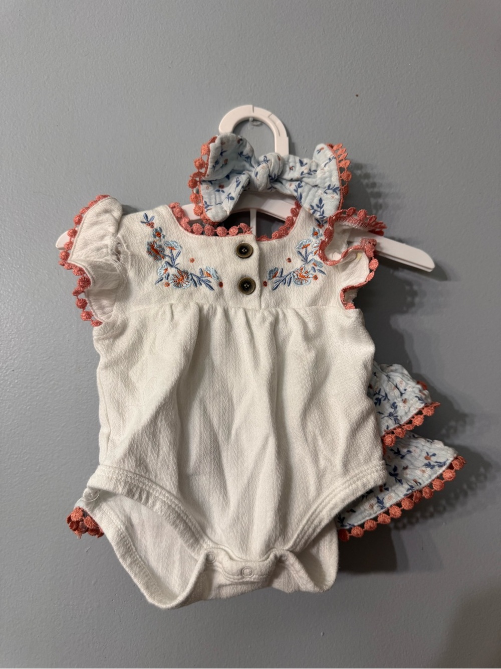 Baby Girl White Embroidered Bodysuit, skirt with Coral Trim & Matching Bow